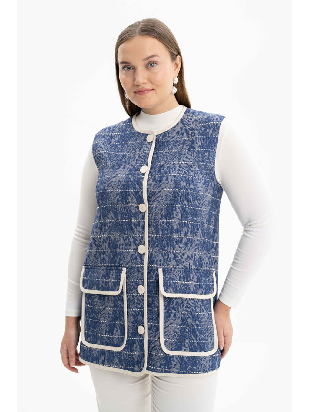 Mavi Grogren Detaylı Yelek-4