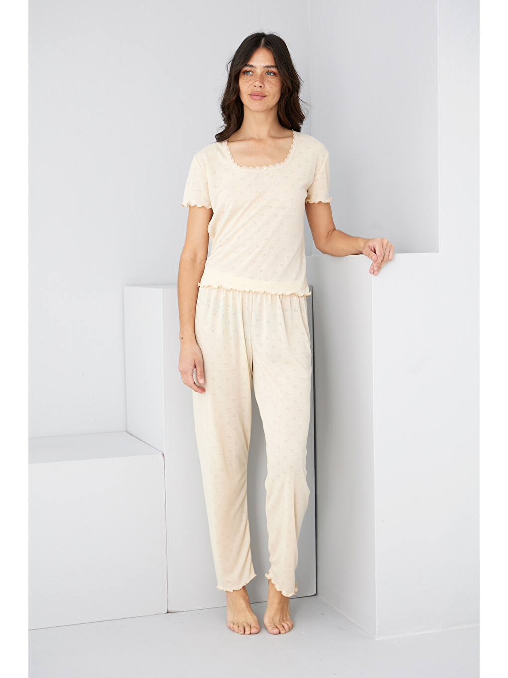 Ekru Krem Renkli Pointel Ajurlu/delikli Örme Pijama Takım7893-2