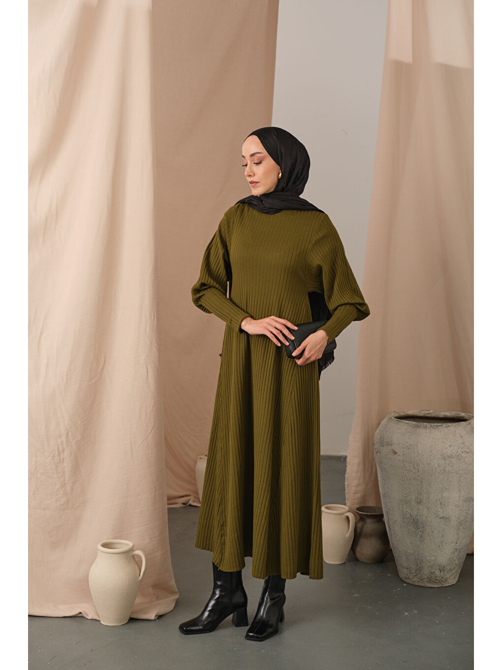 Kadın Kendinden Desenli Triko Elbise Yağ Yeşil-1