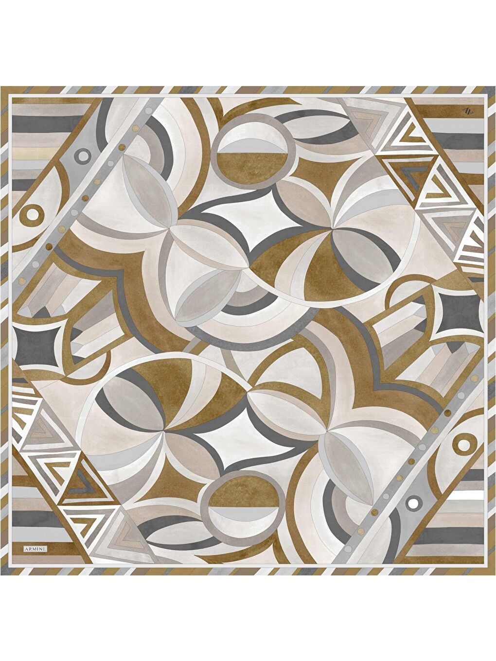 Bej Geometrik Desenli Saf İpek Twill Eşarp 9336 83-3