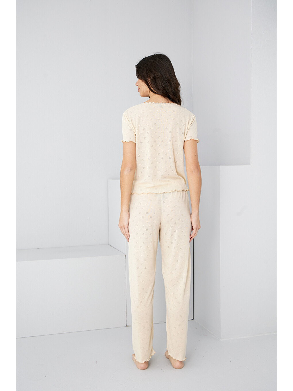 Ekru Krem Renkli Pointel Ajurlu/delikli Örme Pijama Takım7893-3
