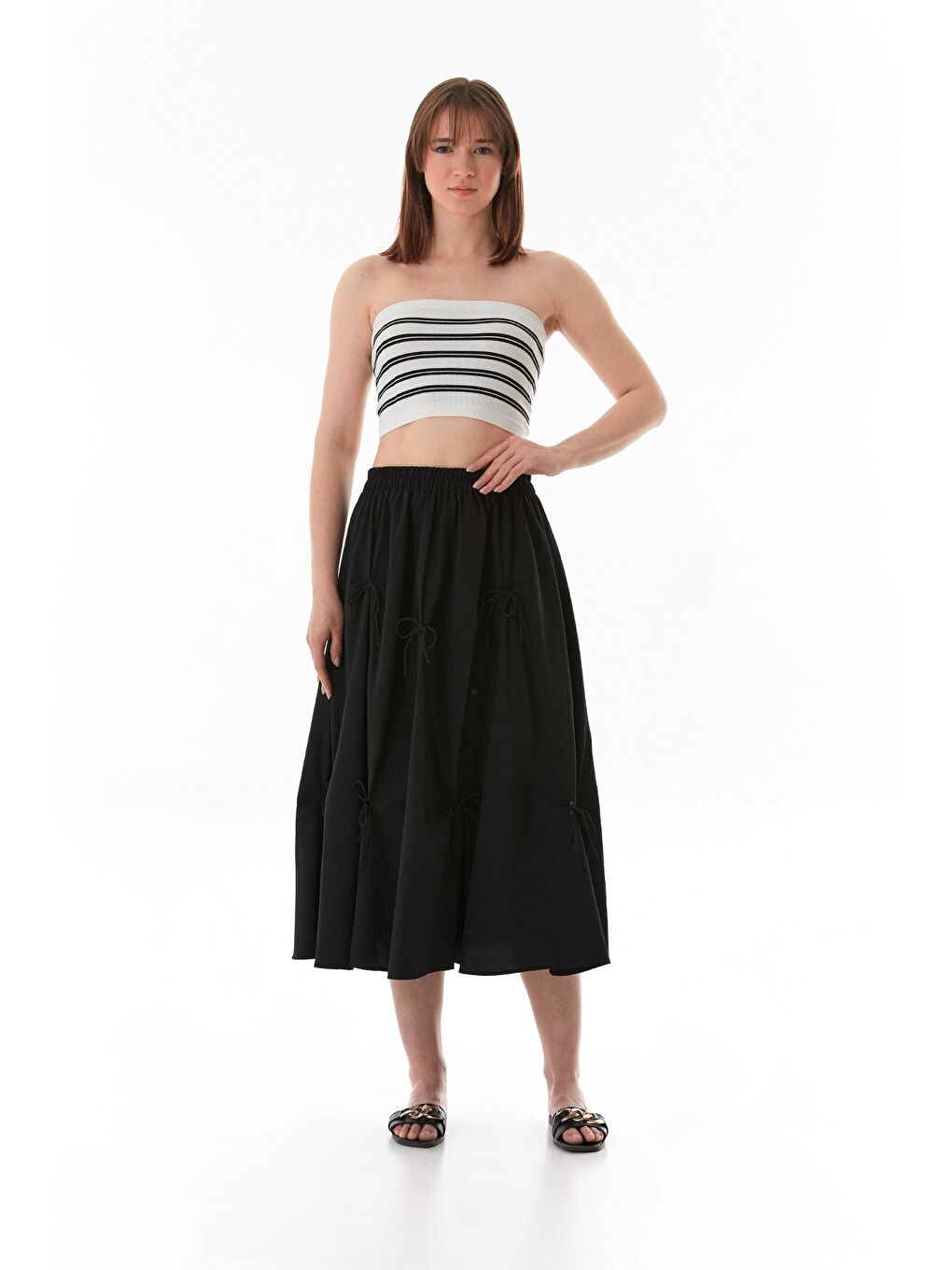 Siyah Beli Lastikli Kurdeleli Terikoton Kumaş Etek