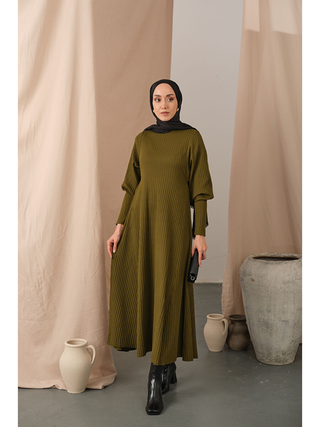 Kadın Kendinden Desenli Triko Elbise Yağ Yeşil-3