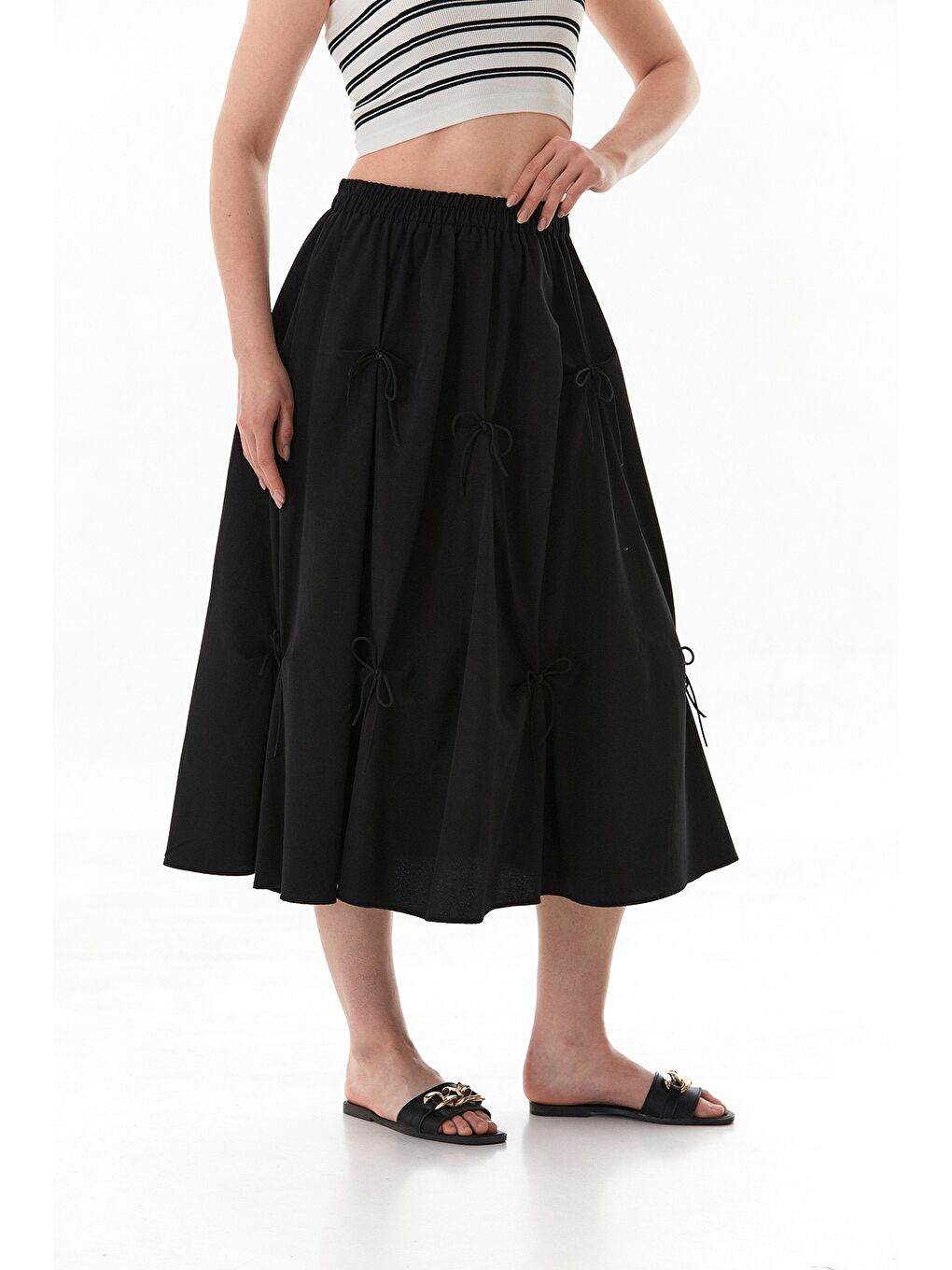 Siyah Beli Lastikli Kurdeleli Terikoton Kumaş Etek-3