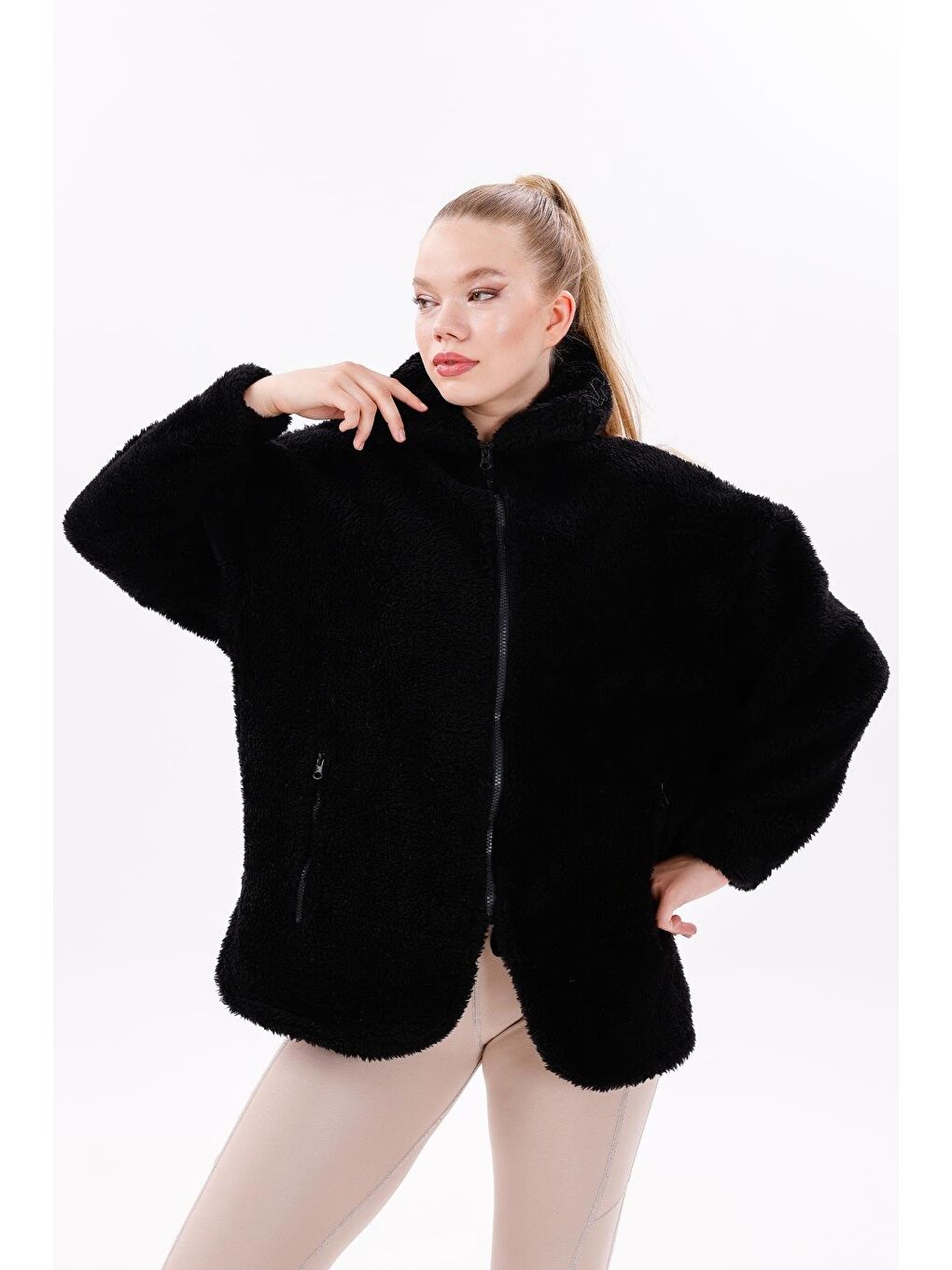 Siyah Kadın Pelüş Rüzgar Geçirmez Welsoft Çift Kışlık Mont Kaban-1