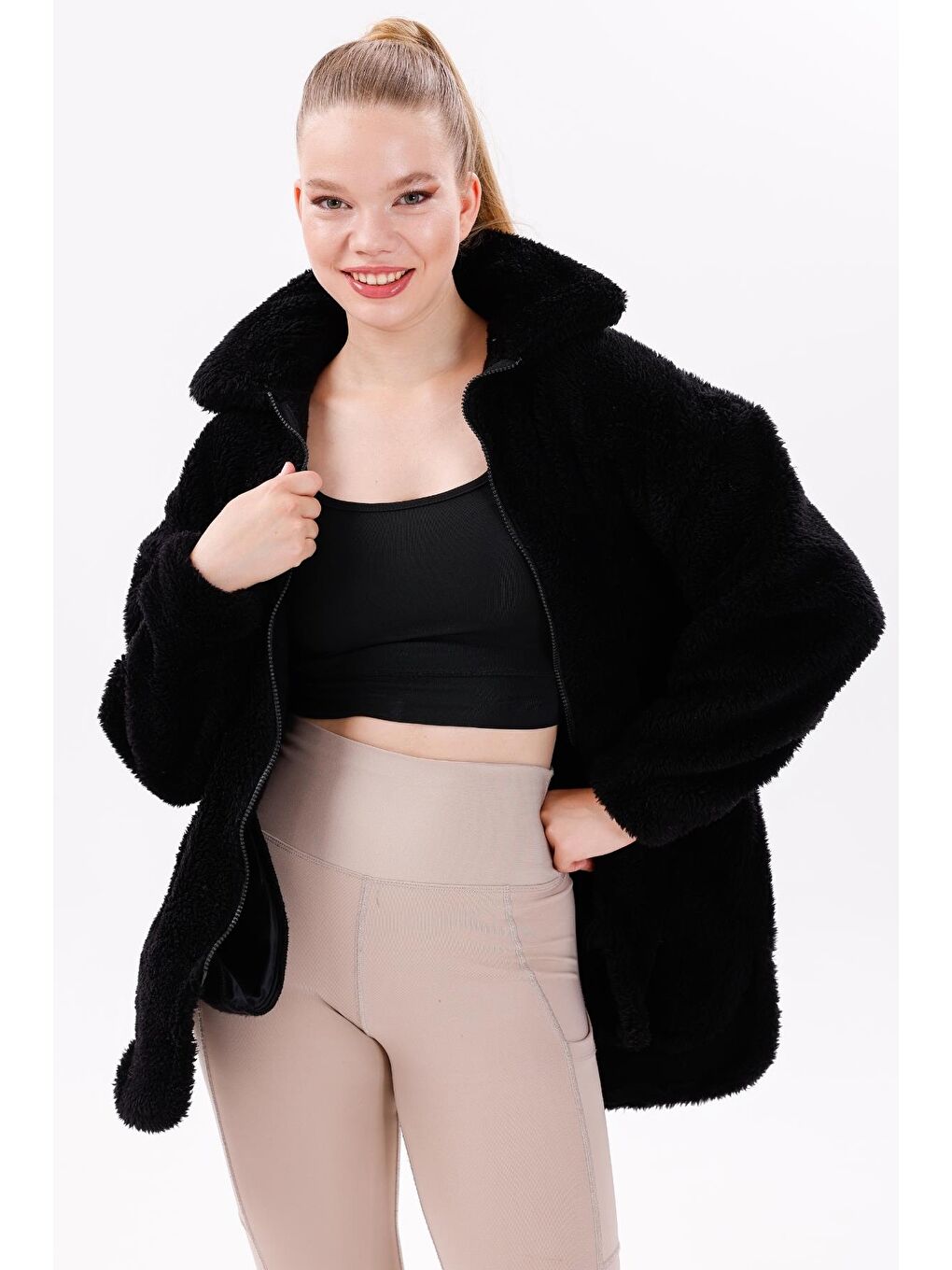 Siyah Kadın Pelüş Rüzgar Geçirmez Welsoft Çift Kışlık Mont Kaban-2