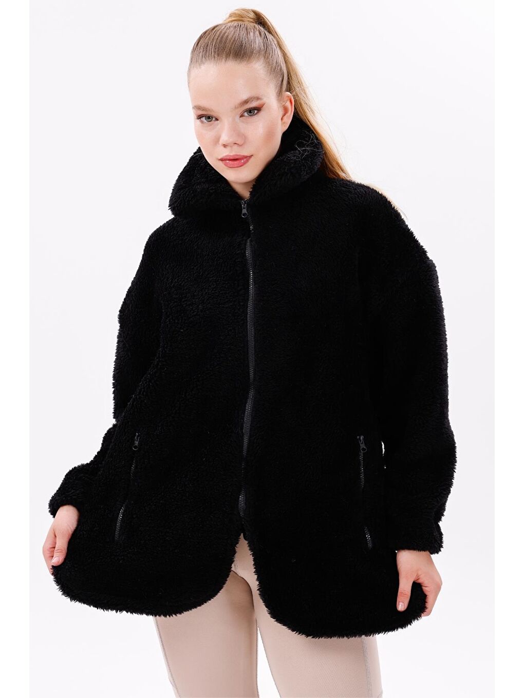 Siyah Kadın Pelüş Rüzgar Geçirmez Welsoft Çift Kışlık Mont Kaban-3