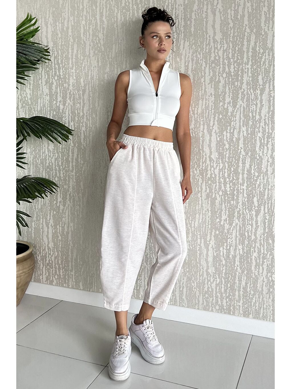 Bej Ön Çimalı Kadın Keten Havuç Pantolon