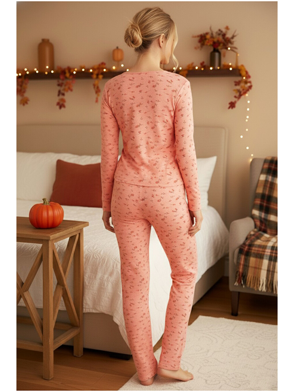 Pembe Somon Desenli Fiyonk Detaylı Ajurlu Delikli Örme Pijama Takım7927-6-2