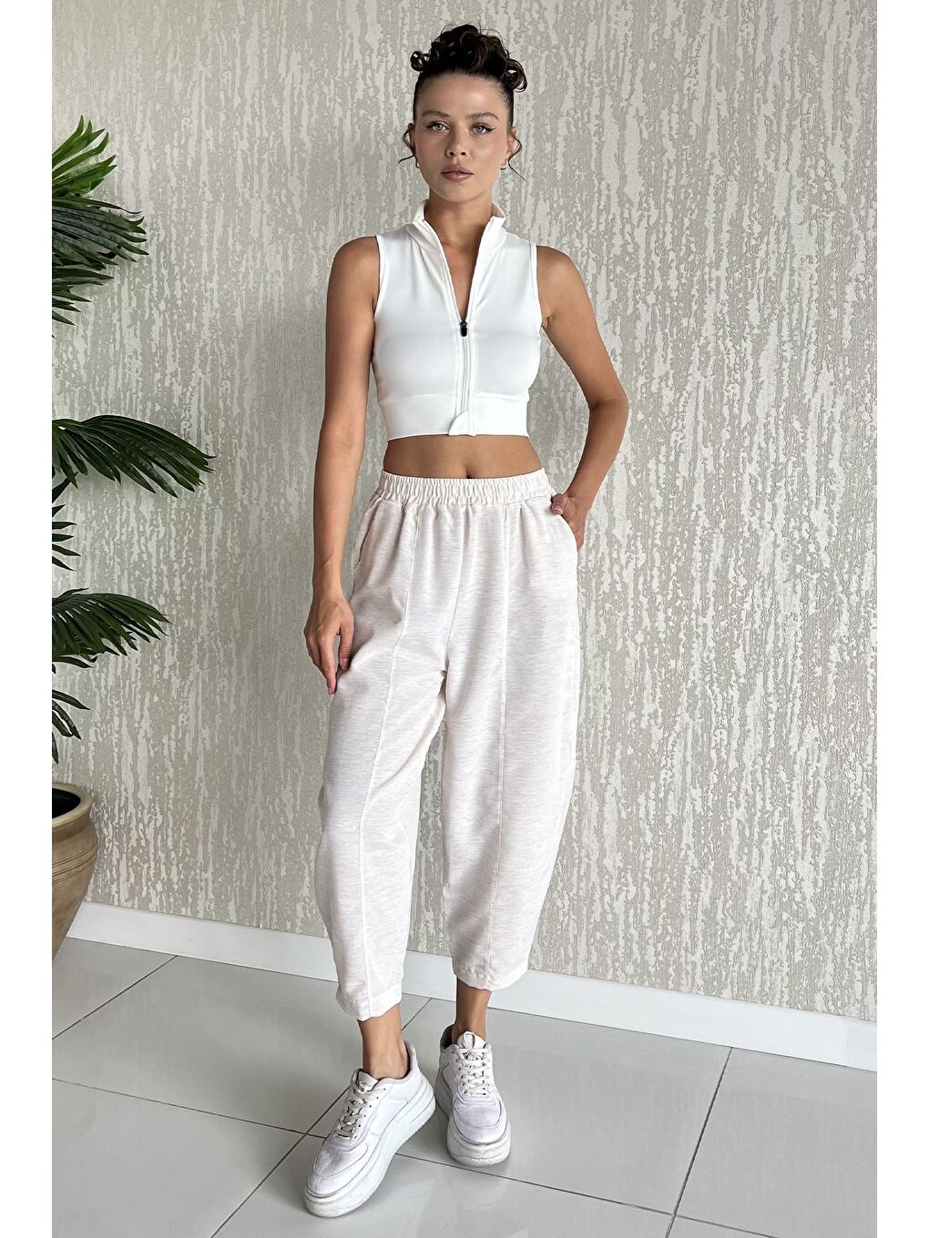 Bej Ön Çimalı Kadın Keten Havuç Pantolon-1