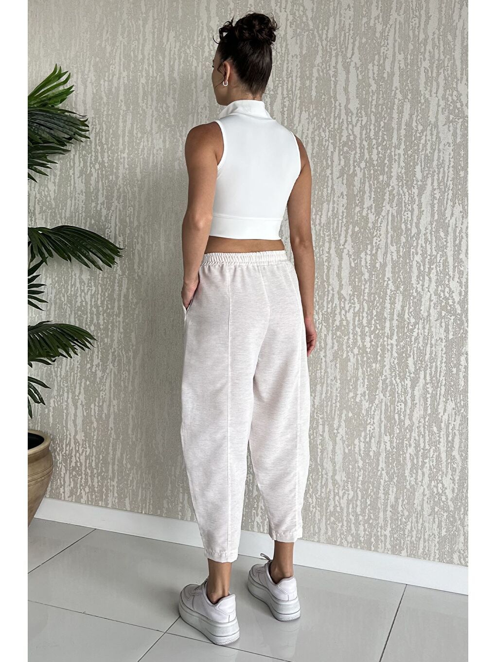 Bej Ön Çimalı Kadın Keten Havuç Pantolon-2