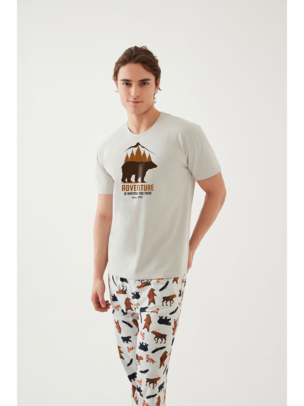 LC WAIKIKI Lila Erkek Kısa Kollu Pamuklu Ayıcık Desenli Pijama Takımı - 1