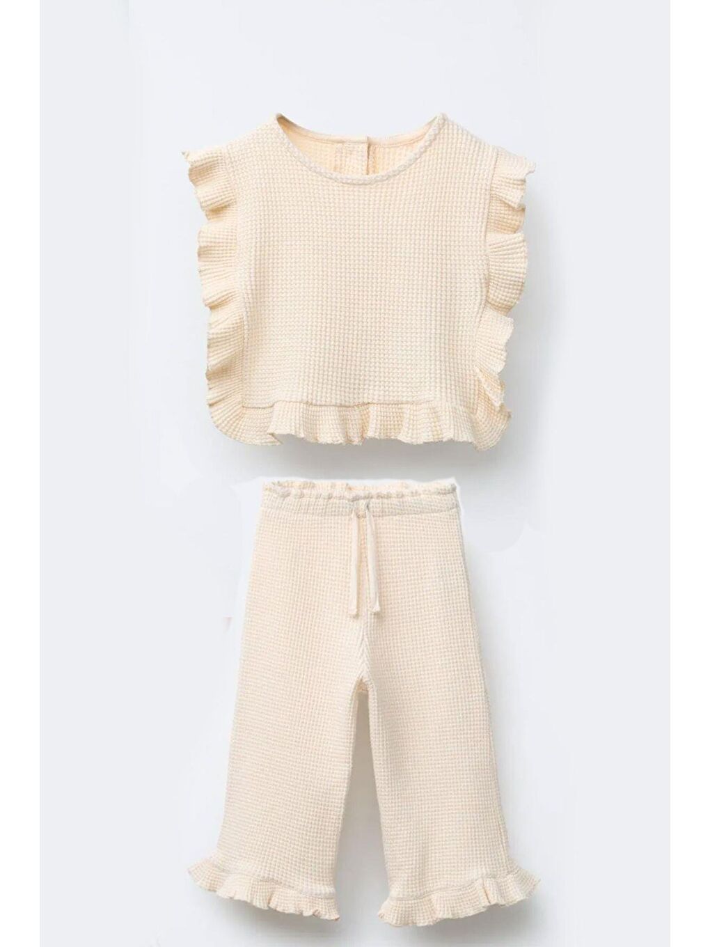 Bej Kız Çocuk Waffle Kumaş Üst Ve Rahat Kalıp Pantolon Alt Üst Takım