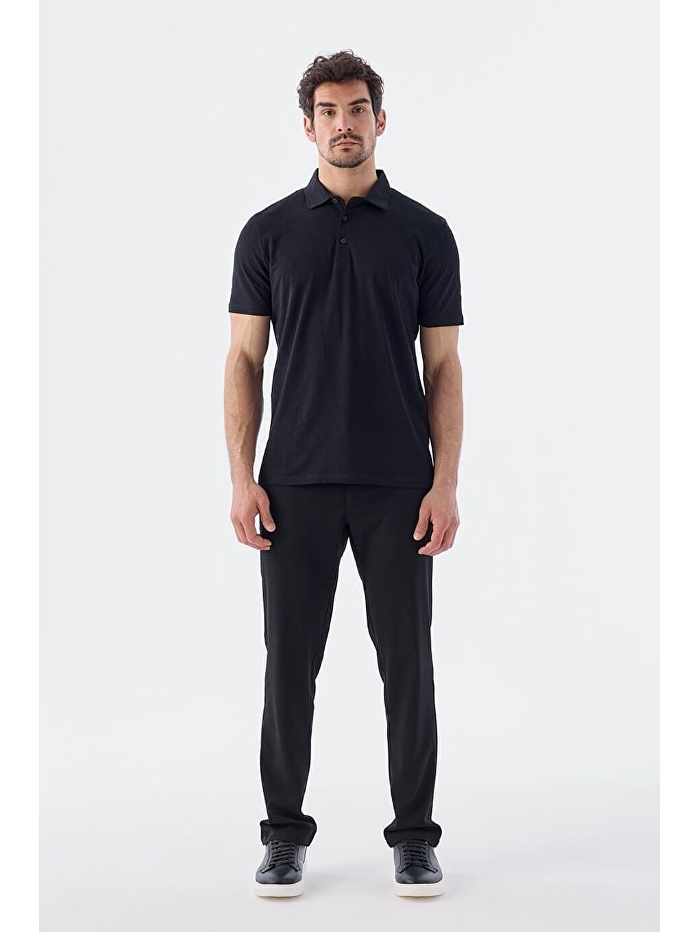 Siyah Düğme Detaylı Slim Fit Polo Yaka T-Shirt-1