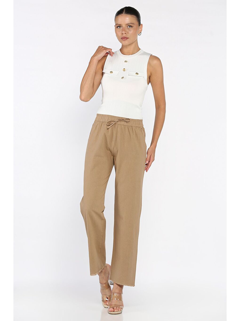 Ekru Bel Lastikli Paça Püsküllü Kadın Keten Pantolon-1