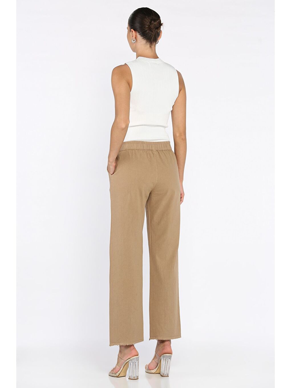 Ekru Bel Lastikli Paça Püsküllü Kadın Keten Pantolon-2