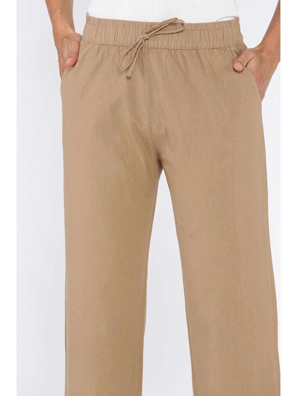 Ekru Bel Lastikli Paça Püsküllü Kadın Keten Pantolon-3