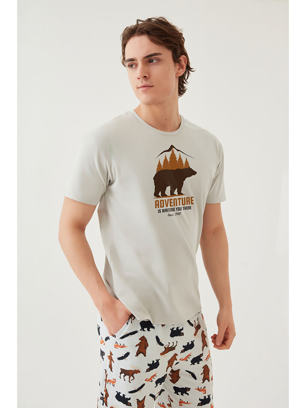 LC WAIKIKI Lila Erkek Kısa Kollu Pamuklu Ayıcık Desenli Pijama Takımı - 5