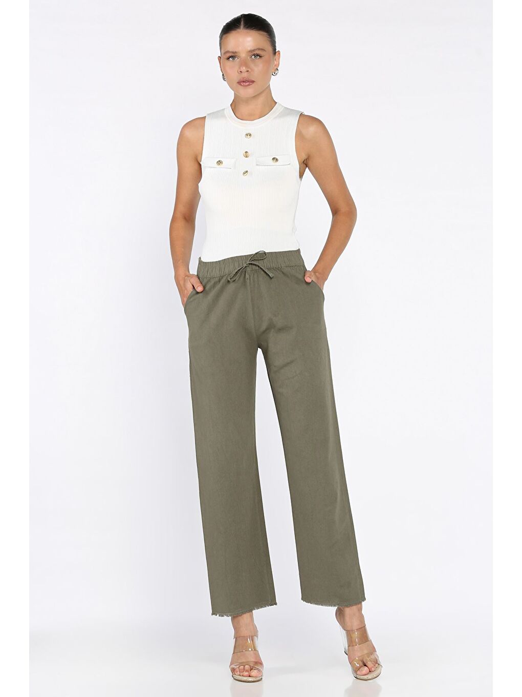 Haki Bel Lastikli Paça Püsküllü Kadın Keten Pantolon-1