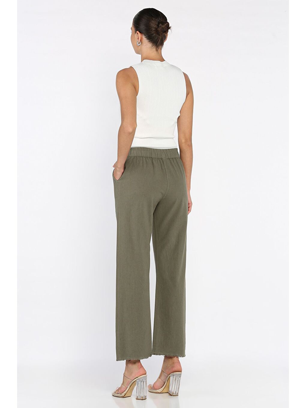 Haki Bel Lastikli Paça Püsküllü Kadın Keten Pantolon-2