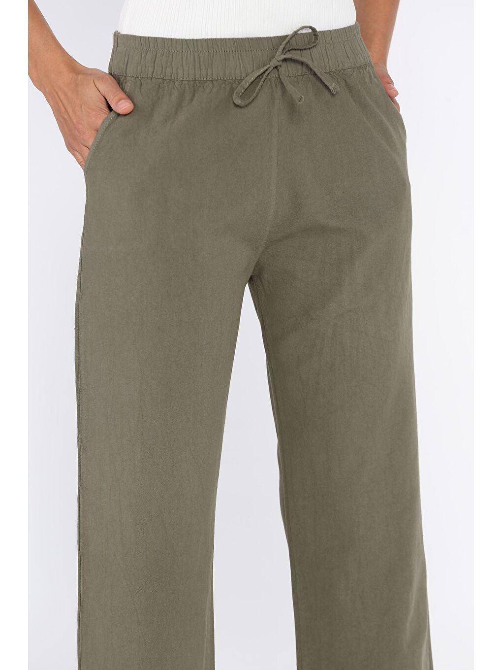 Haki Bel Lastikli Paça Püsküllü Kadın Keten Pantolon-3