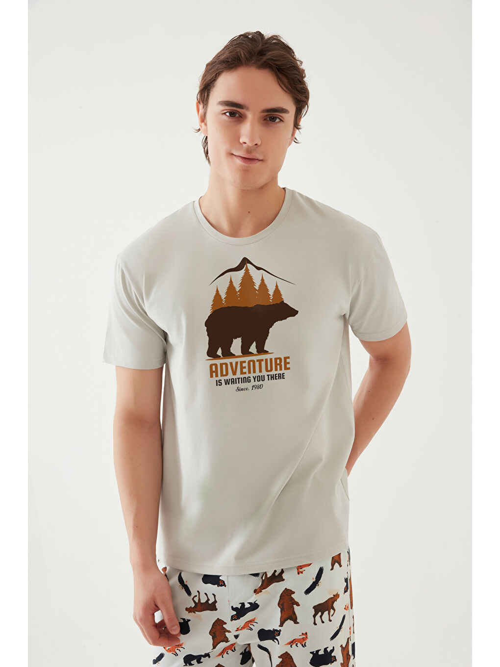 LC WAIKIKI Lila Erkek Kısa Kollu Pamuklu Ayıcık Desenli Pijama Takımı - 9