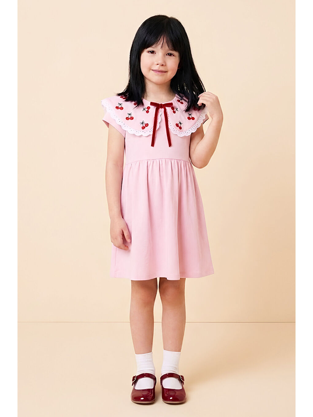 Pembe Kız Çocuk Geniş Yakalı Nakış Detaylı Elbise 2-7 Yaş 12652OZ-2