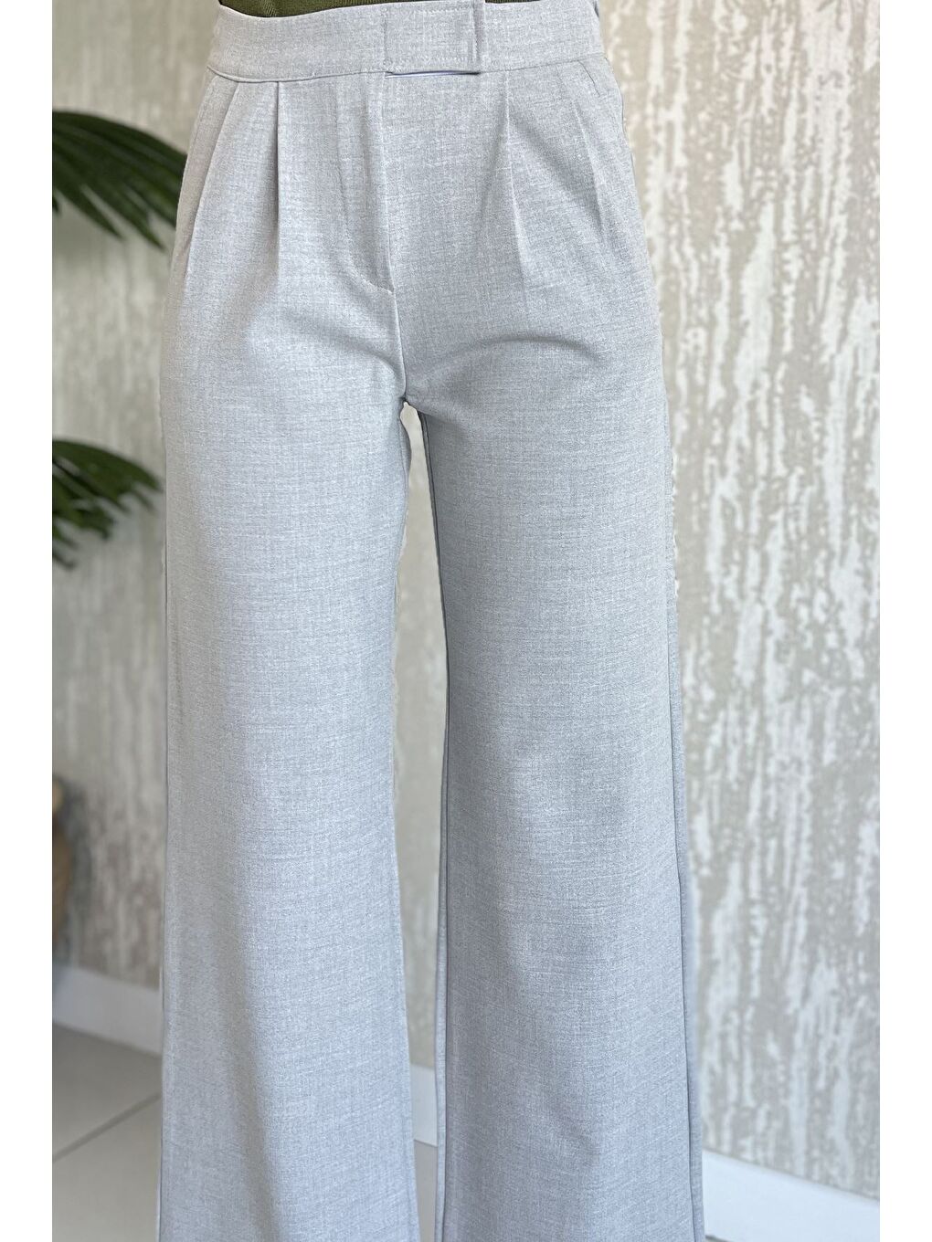 Gri Kadın Bel Lastikli Cırtlı Palazzo Pantolon-3