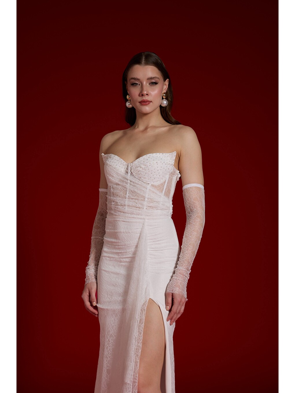 Beyaz Kedi Kulağı Eldivenli Tül Nikah Elbisesi-2