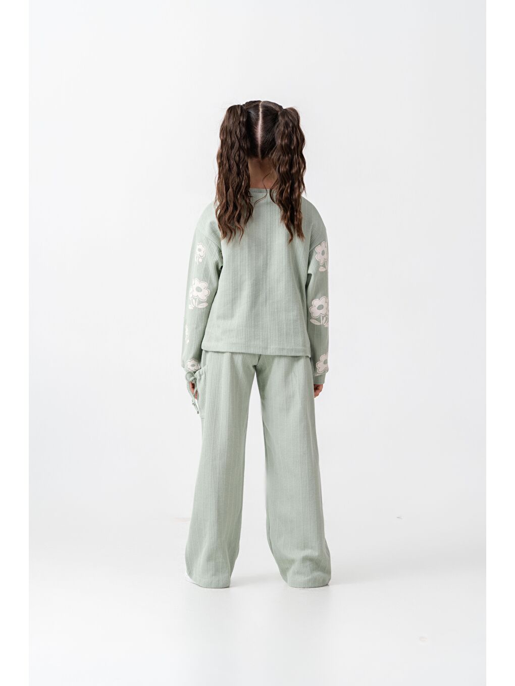 Kız Çocuk Pamuklu Yeşil Çiçek Desenli Takım – Bağcıklı Pantolon-11