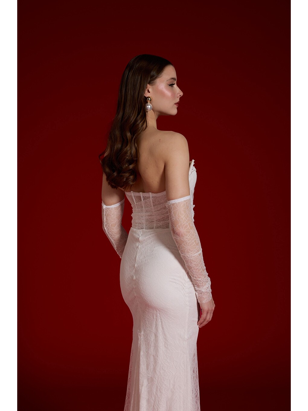 Beyaz Kedi Kulağı Eldivenli Tül Nikah Elbisesi-6