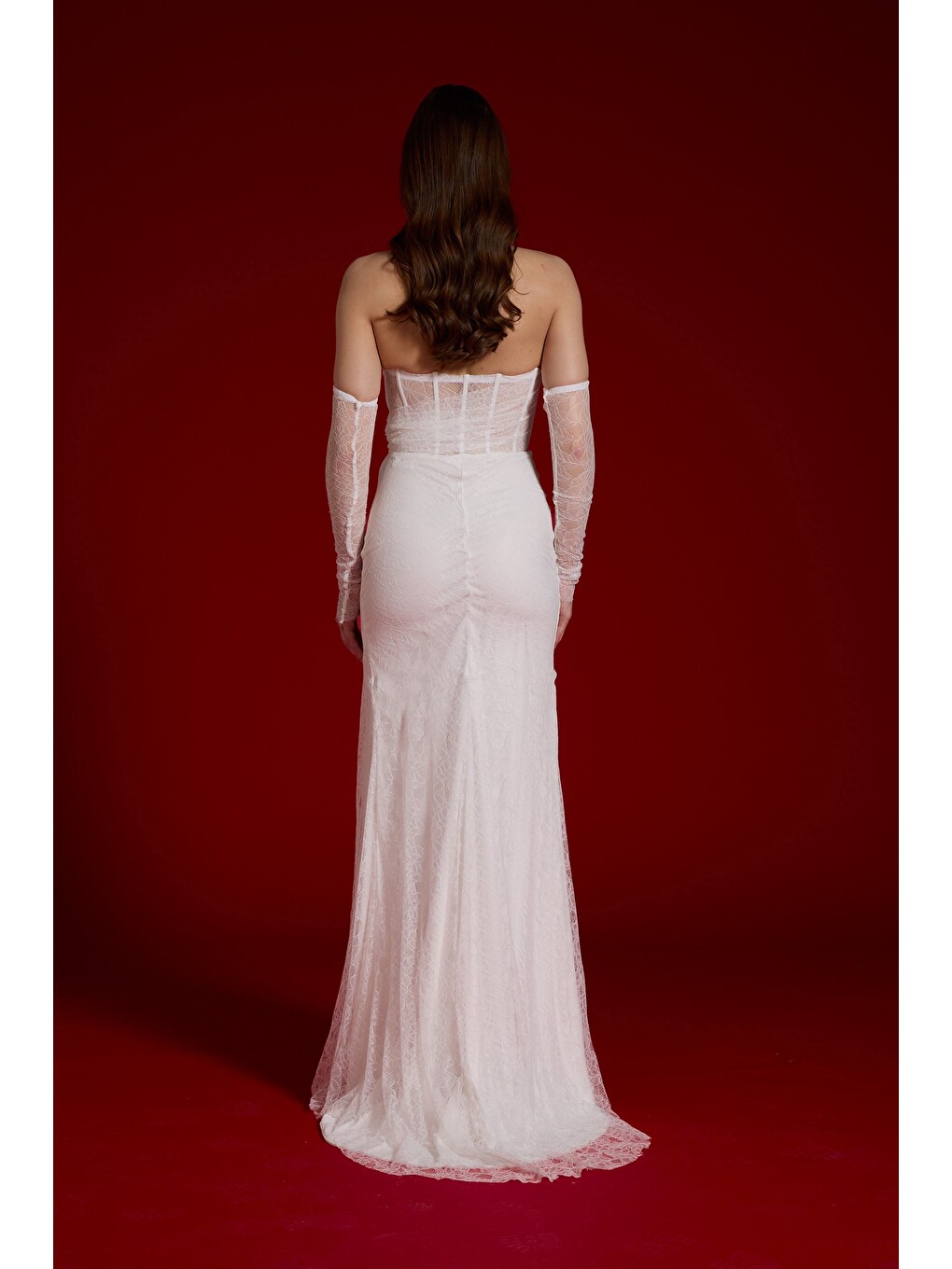 Beyaz Kedi Kulağı Eldivenli Tül Nikah Elbisesi-7