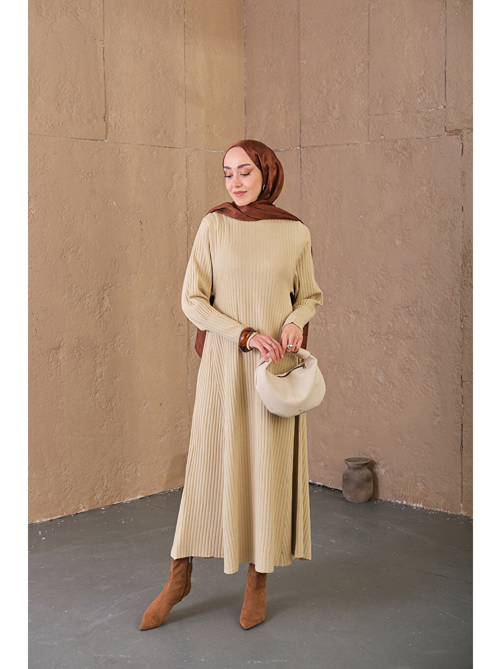 Ekru Kendinden Desenli Triko Elbise Krem-1