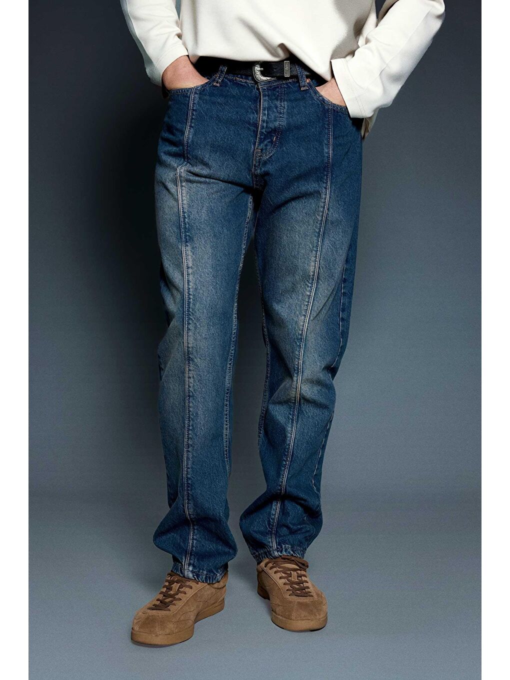 Erkek Ön Dikiş Detaylı Yıkamalı Baggy Jean Koyu Mavi
