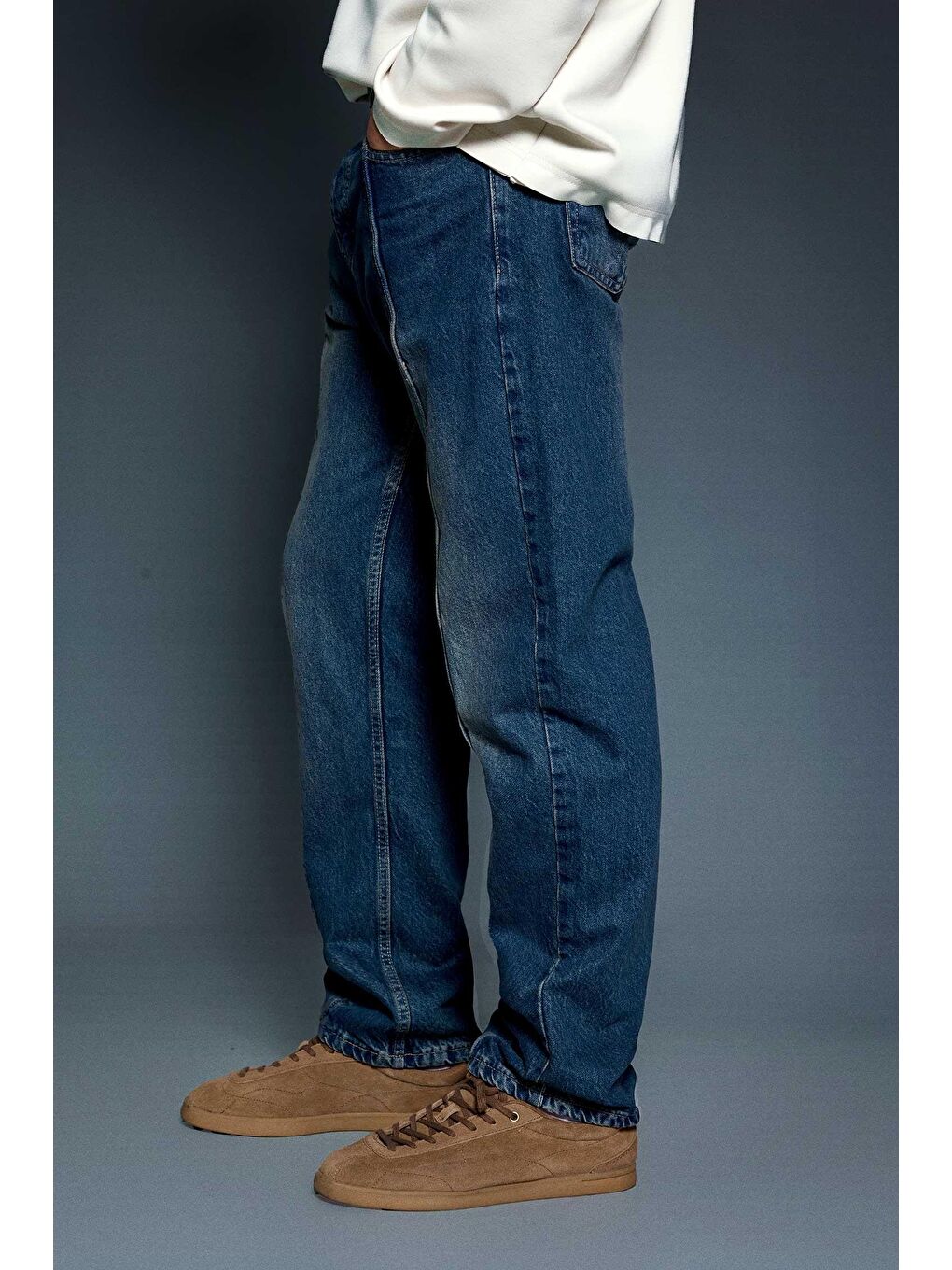 Erkek Ön Dikiş Detaylı Yıkamalı Baggy Jean Koyu Mavi-2