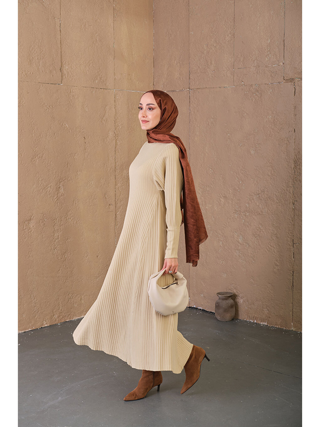 Ekru Kendinden Desenli Triko Elbise Krem-3