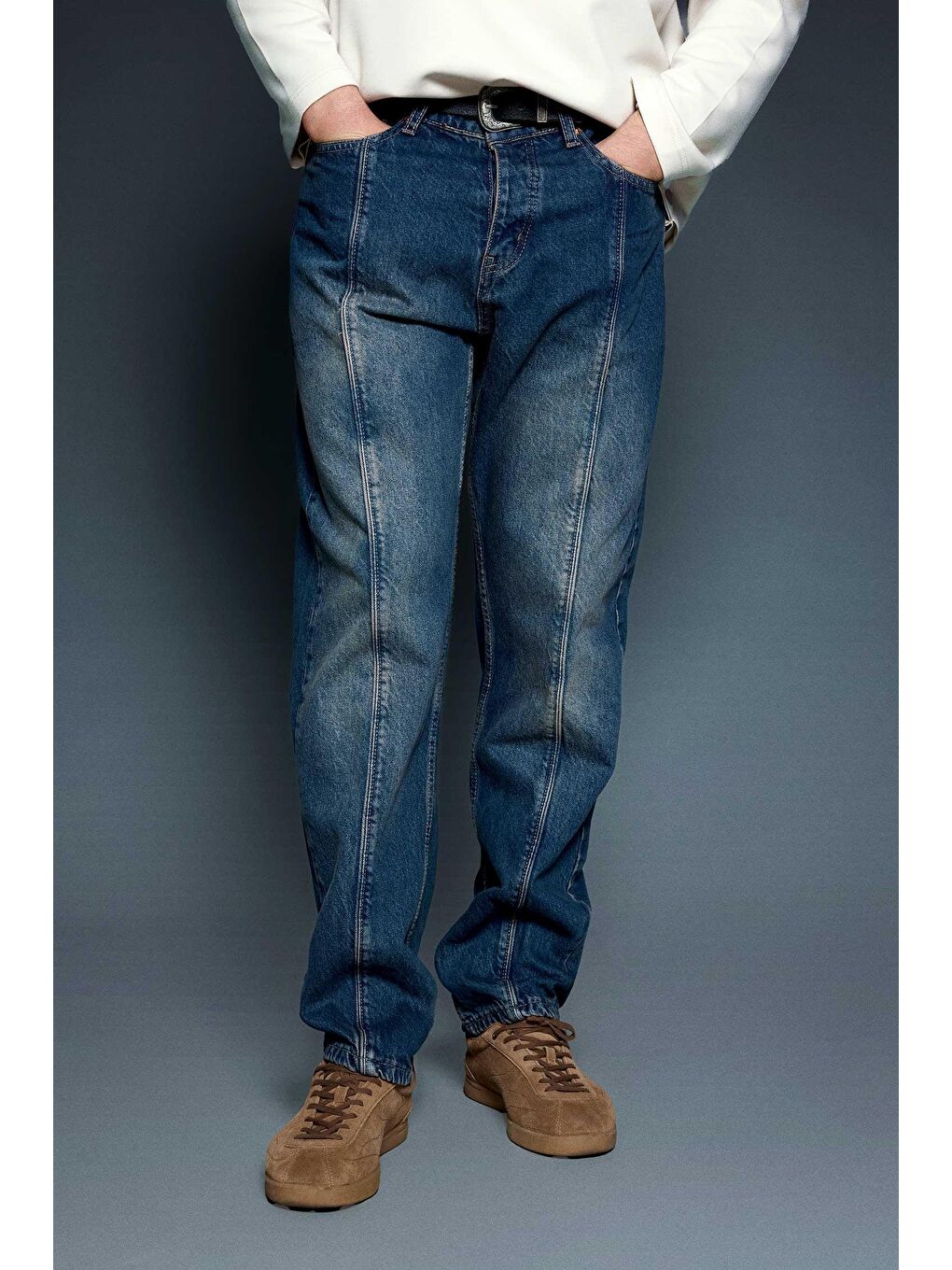 Erkek Ön Dikiş Detaylı Yıkamalı Baggy Jean Koyu Mavi-1