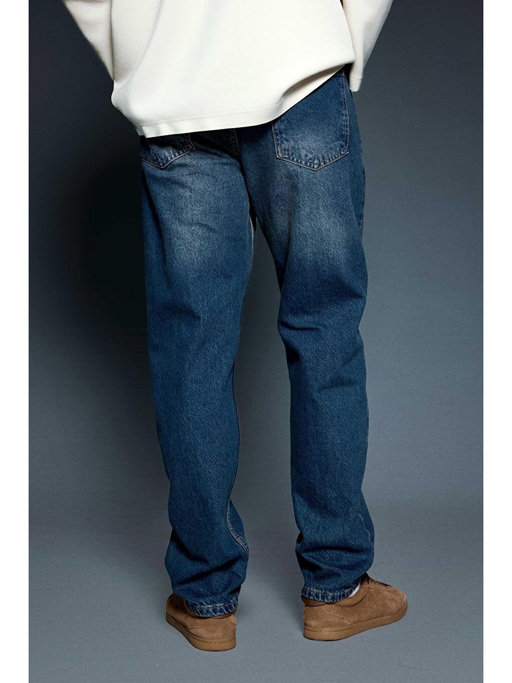 Erkek Ön Dikiş Detaylı Yıkamalı Baggy Jean Koyu Mavi-3