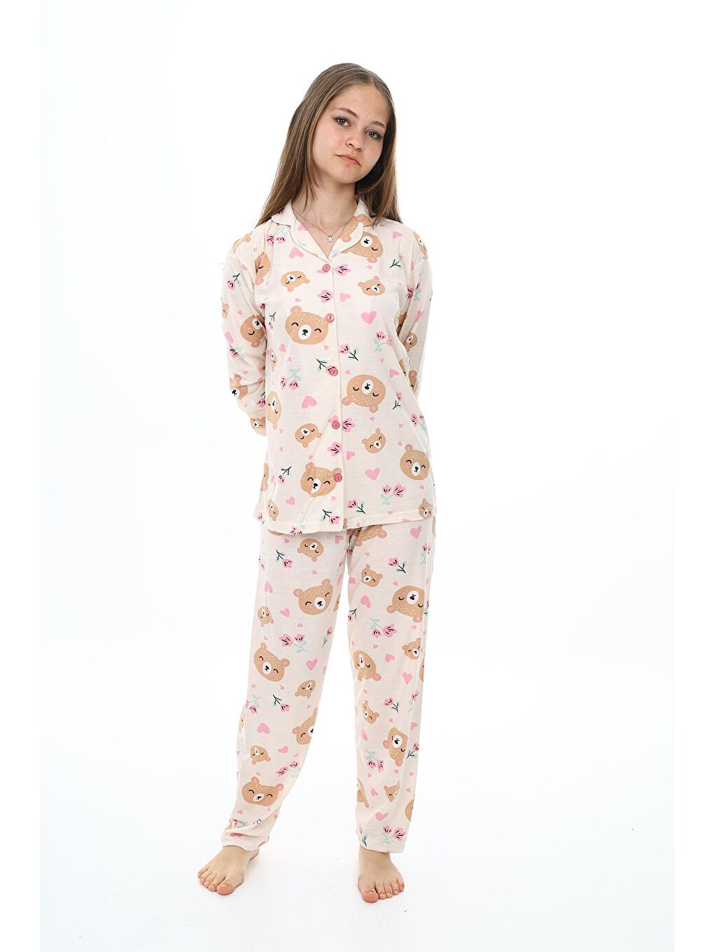 EFTELYA Ekru Kız Çocuk Sevimli Ayıcık Baskılı Pijama Takımı 7-16 Yaş 0156