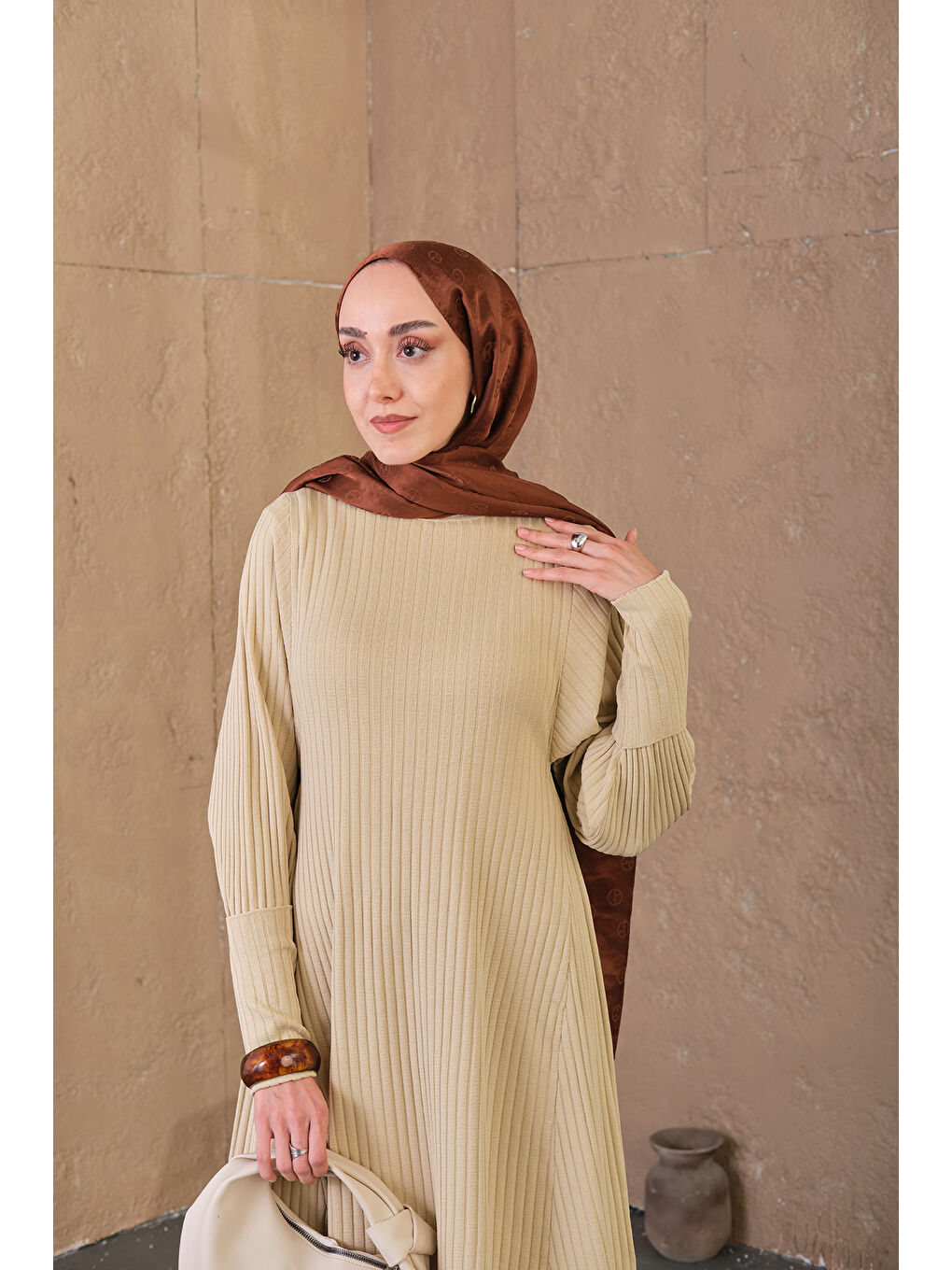 Ekru Kendinden Desenli Triko Elbise Krem-4