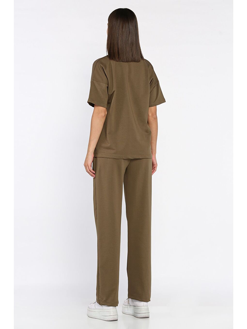 Haki Kadın Kalp Nakışlı Bisiklet Yaka Tişört Pantolon İkili Takım-2