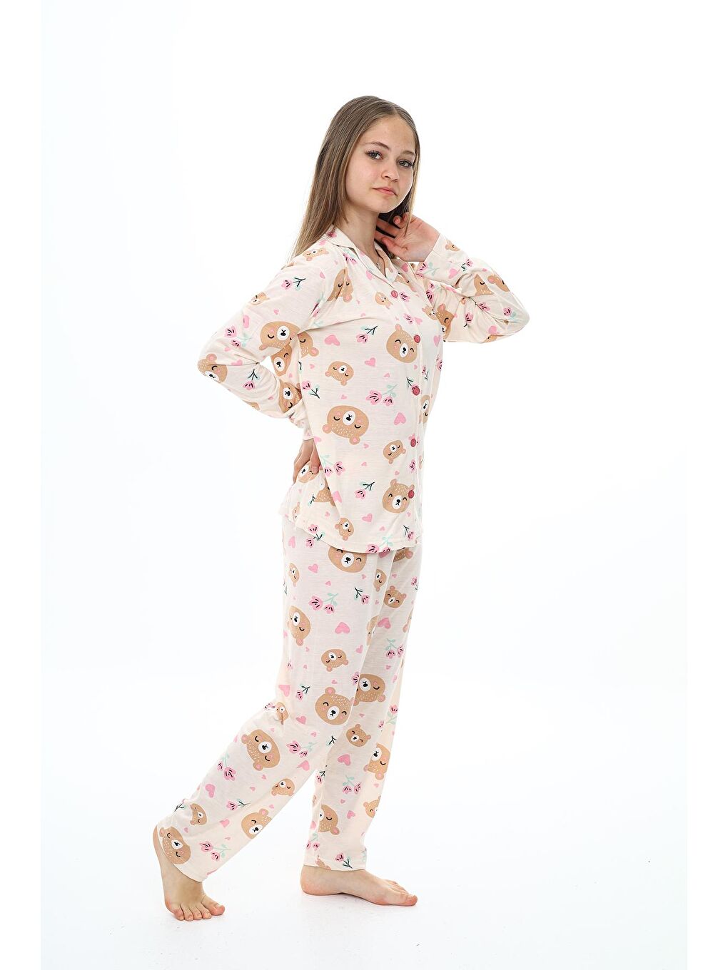 EFTELYA Ekru Kız Çocuk Sevimli Ayıcık Baskılı Pijama Takımı 7-16 Yaş 0156 - 1