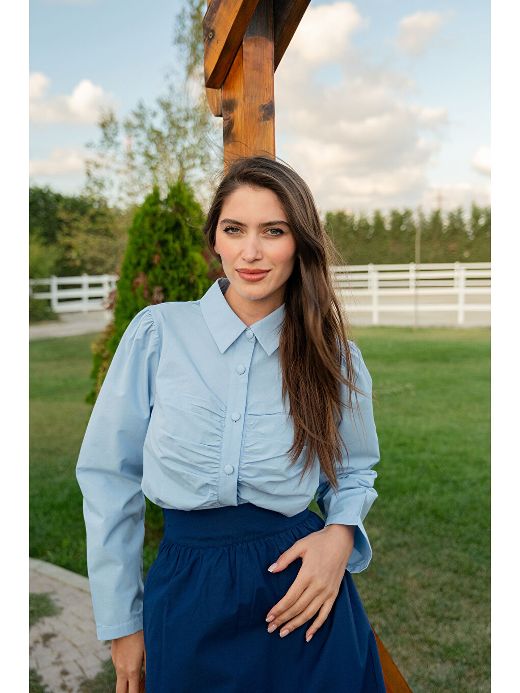 Kadın Büzgü Detay Poplin Gömlek Mavi-1