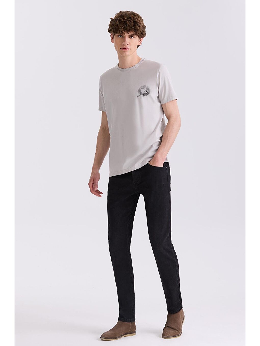 Gri Slim Fit Bisiklet Yaka T-Shirt-1