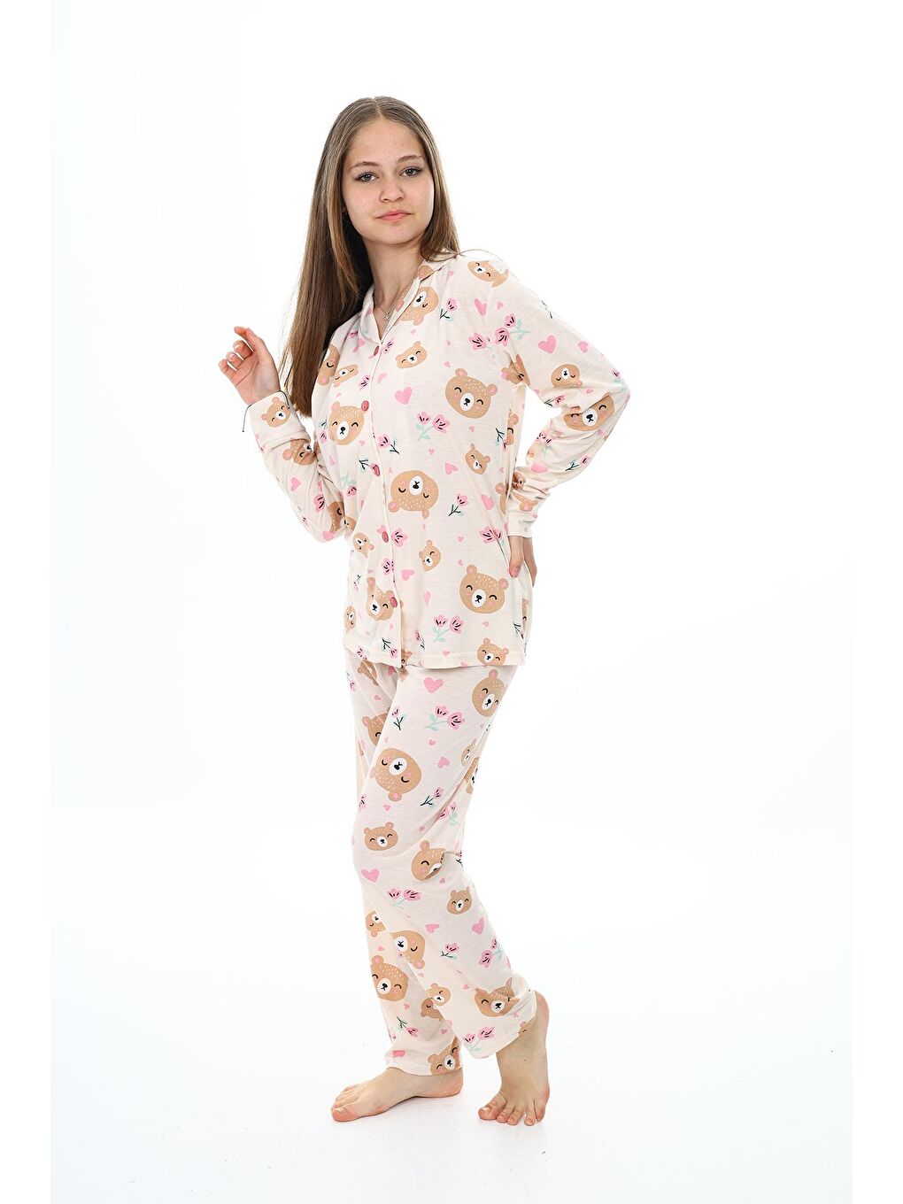 EFTELYA Ekru Kız Çocuk Sevimli Ayıcık Baskılı Pijama Takımı 7-16 Yaş 0156 - 2