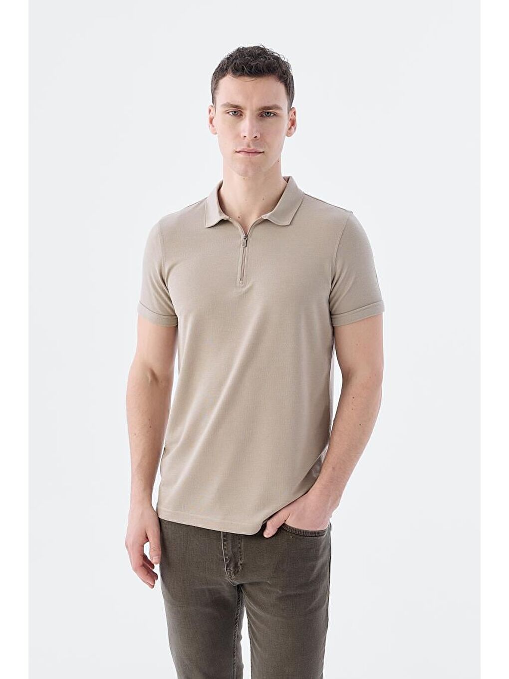 Kahverengi Toprak Fermuarlı Slim Fit Polo Yaka T-Shirt