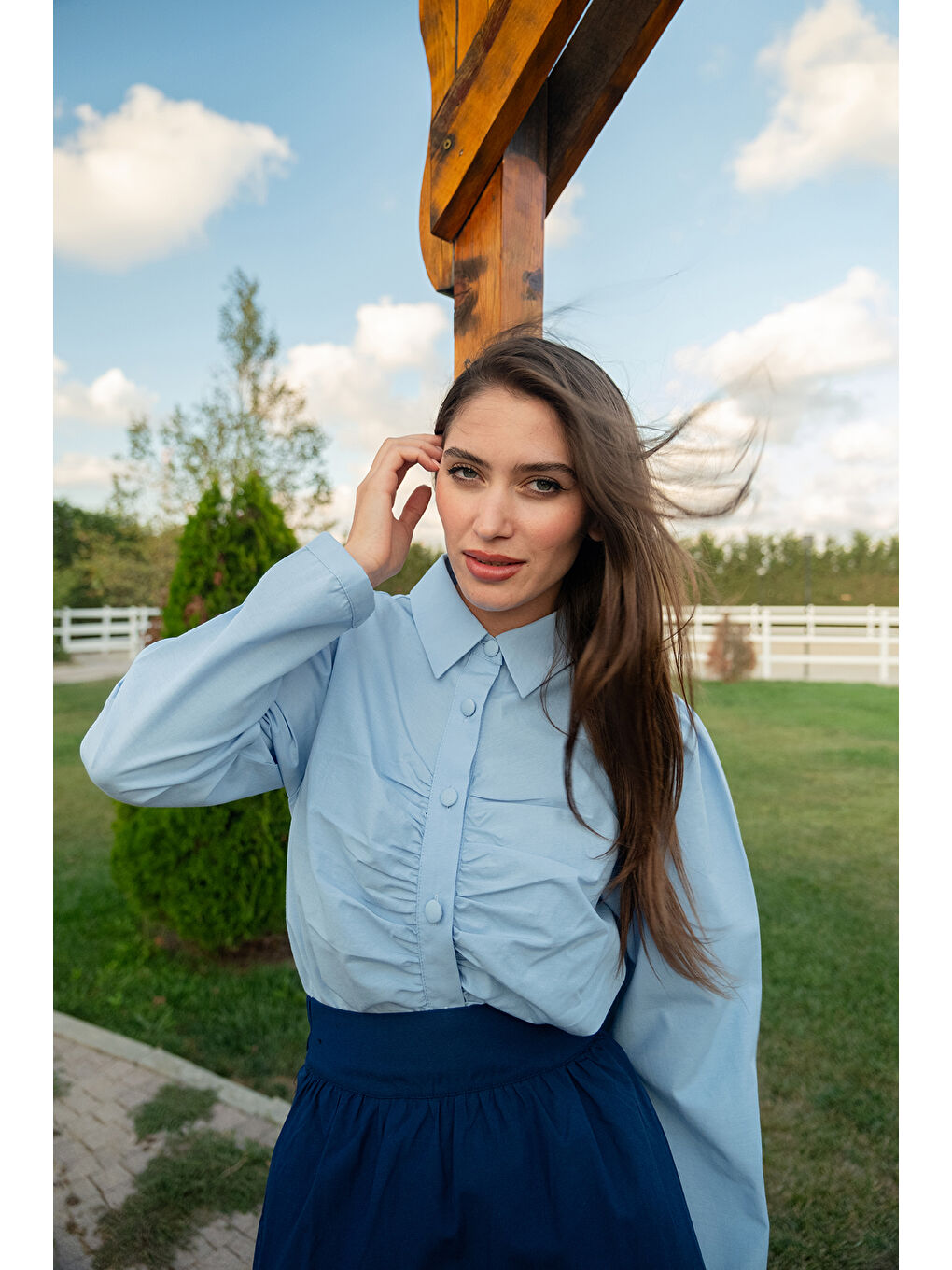 Kadın Büzgü Detay Poplin Gömlek Mavi-2