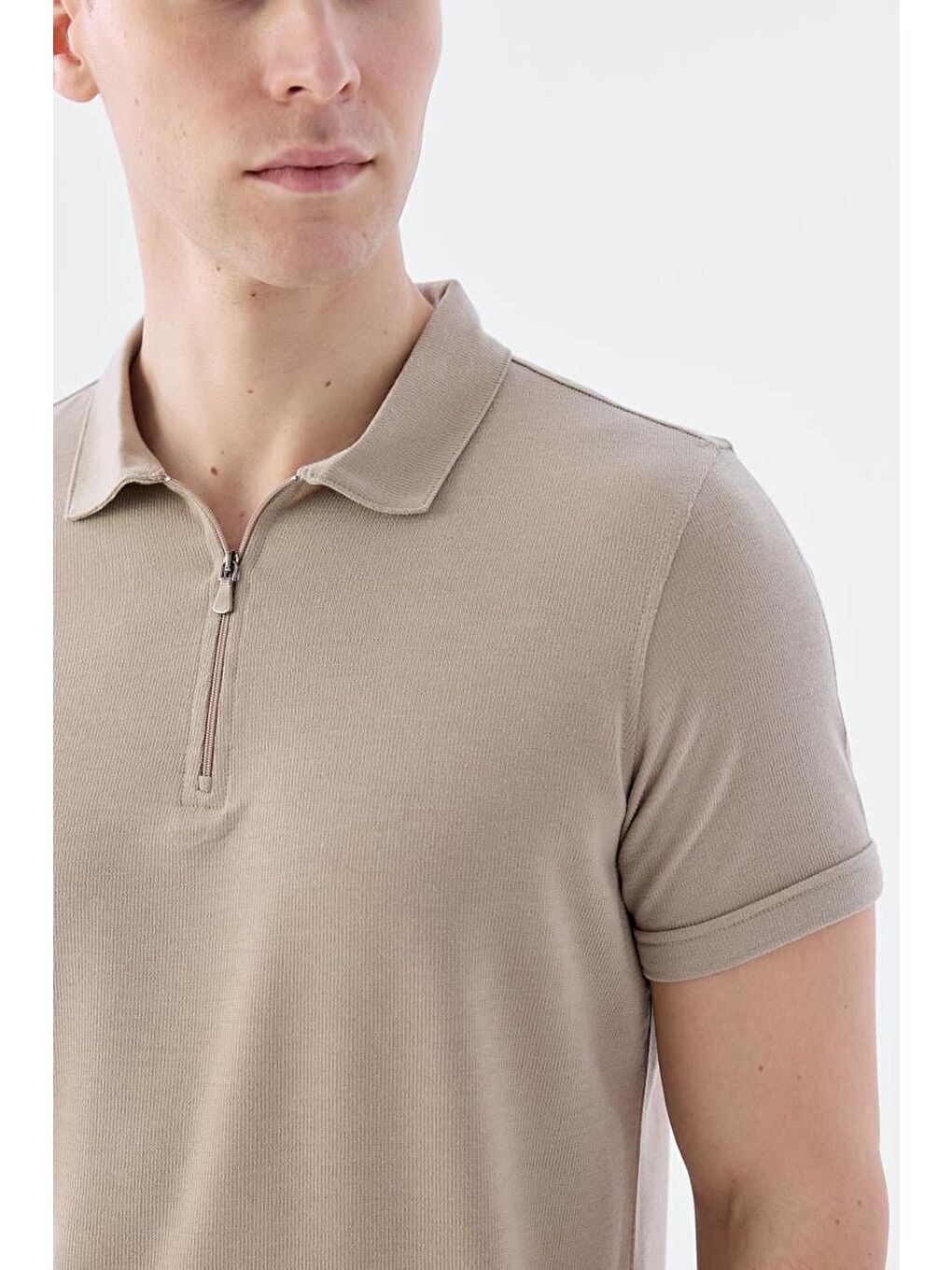 Kahverengi Toprak Fermuarlı Slim Fit Polo Yaka T-Shirt-2