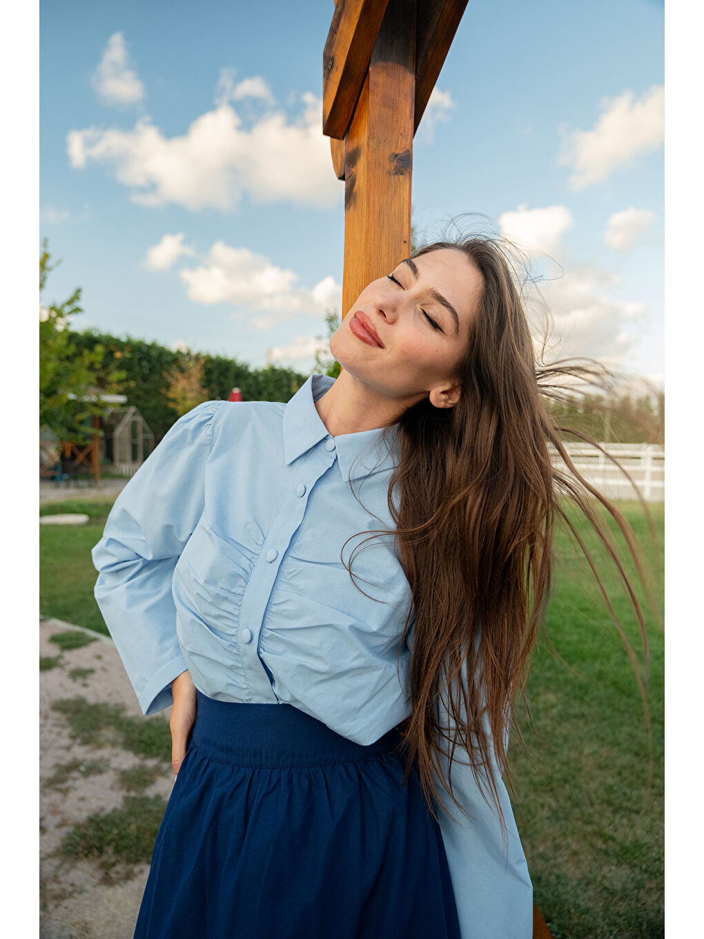 Kadın Büzgü Detay Poplin Gömlek Mavi-3