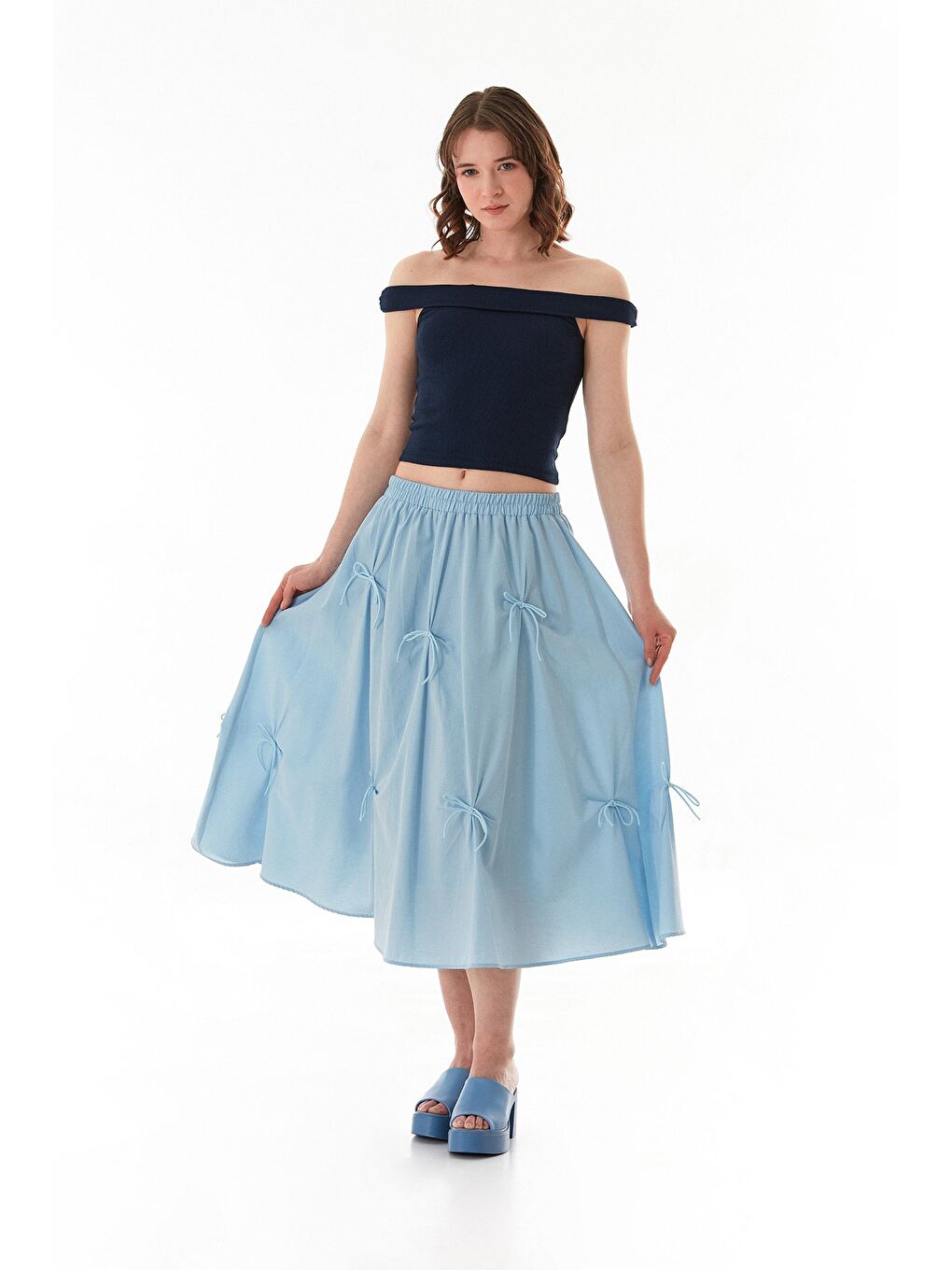 Mavi Beli Lastikli Kurdeleli Terikoton Kumaş Etek